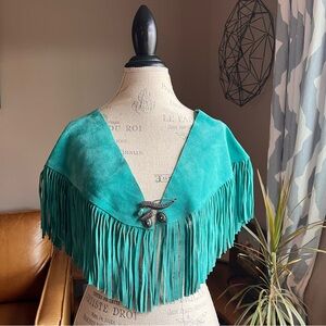Turquoise Fringed Suede Southwestern Sante Fe Collar Yoke Leather Poncho